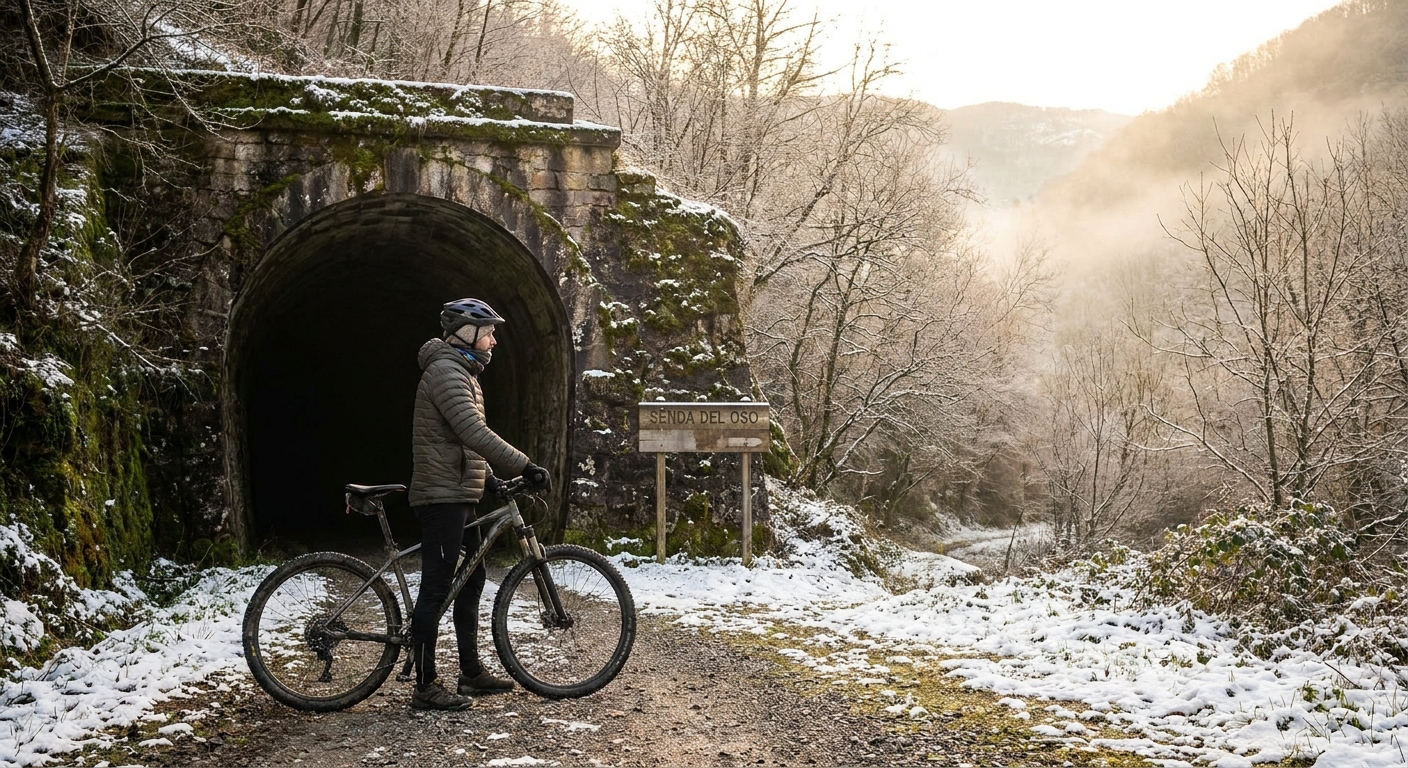 Ciclista en la entrada del túnel de la Senda del Oso en invierno
