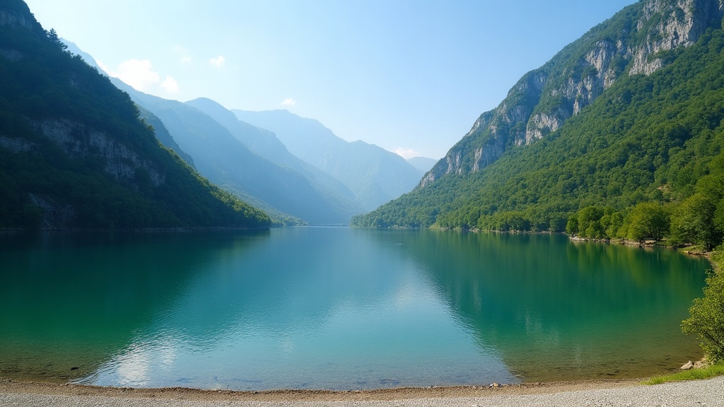 Embalse de Valdemurio en la Senda del Oso, en Quirós, Asturias, rodeado de montañas